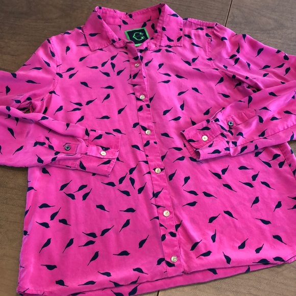 C. WONDER Pink & Black Bird Pattern Silk Blouse S - Picture 2 of 8